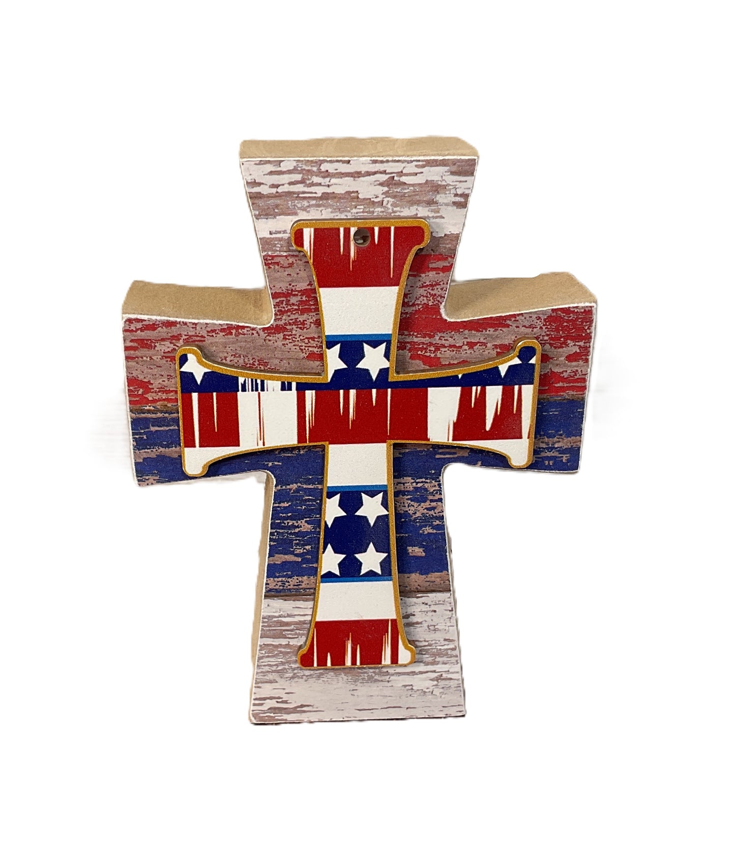 AGSD Patriotic Decor - Weathered Stripe Wood Tabletop Cross | Rustic July 4th Farmhouse Faith
