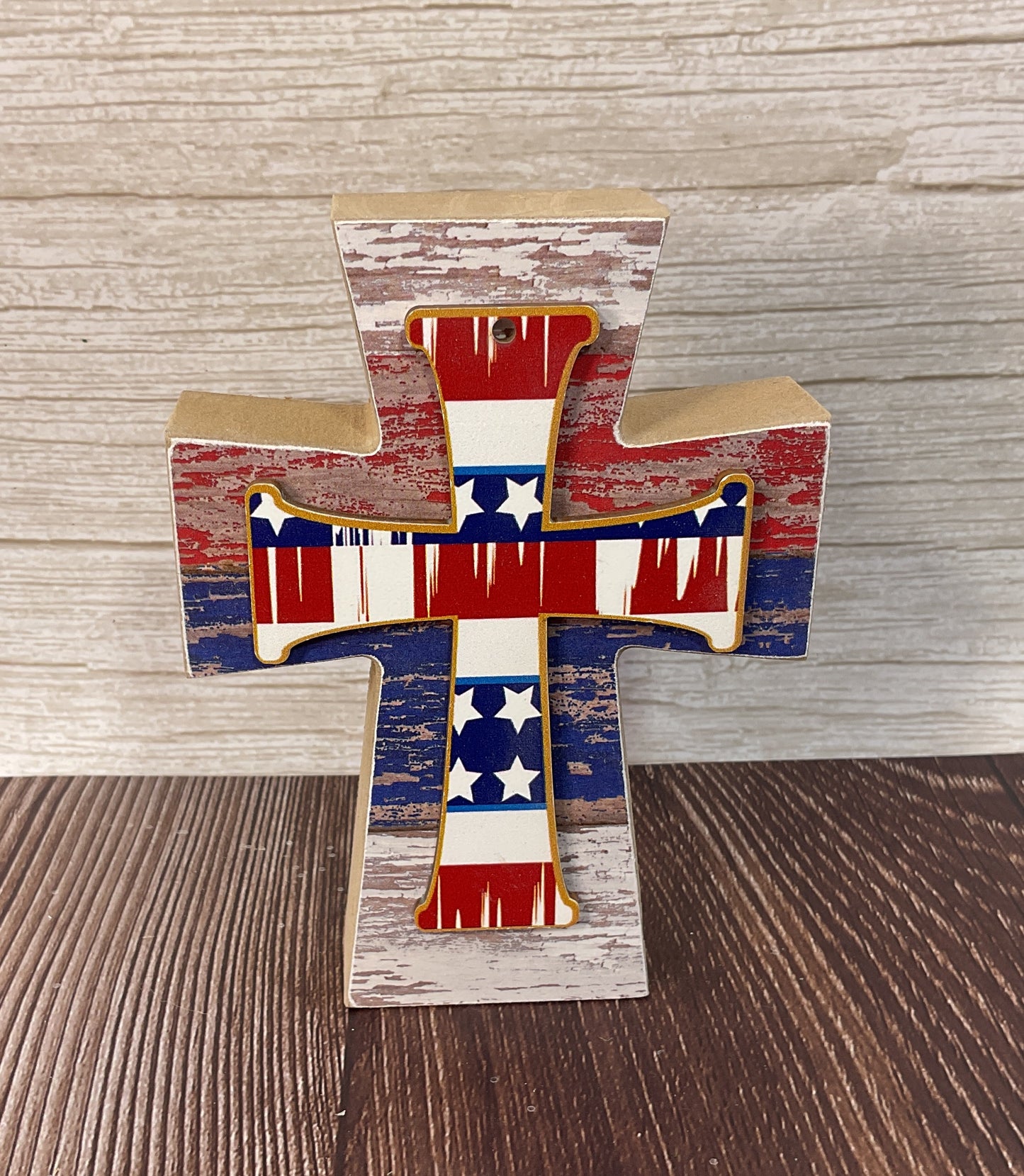 AGSD Patriotic Decor - Weathered Stripe Wood Tabletop Cross | Rustic July 4th Farmhouse Faith