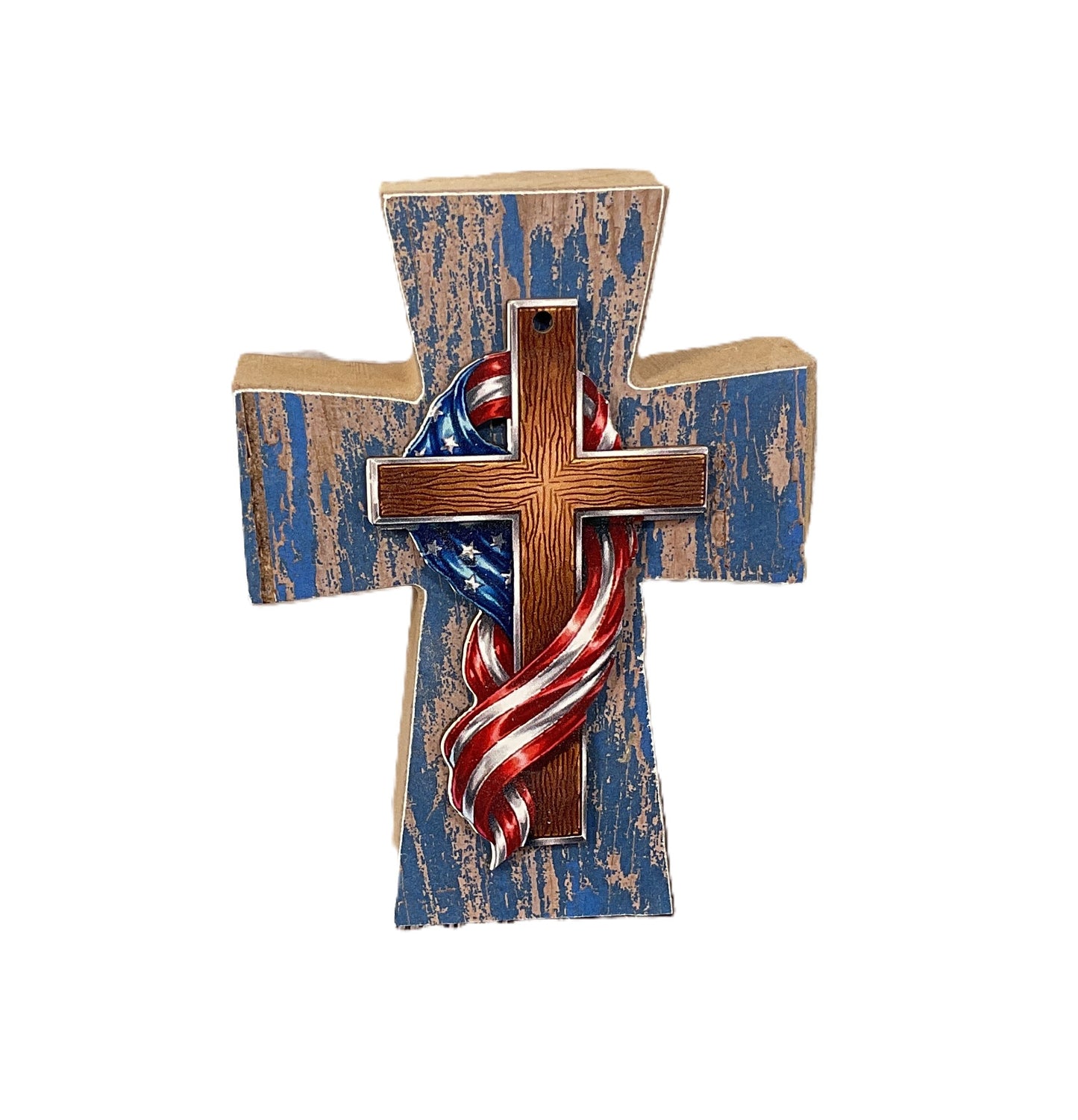 AGSD Patriotic Decor - Old Glory Draped Flag Wood Tabletop Cross | July 4th Faith