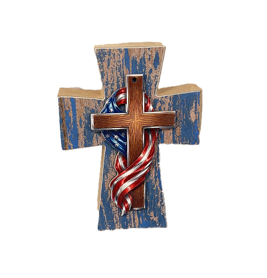 AGSD Patriotic Decor - Old Glory Draped Flag Wood Tabletop Cross | July 4th Faith