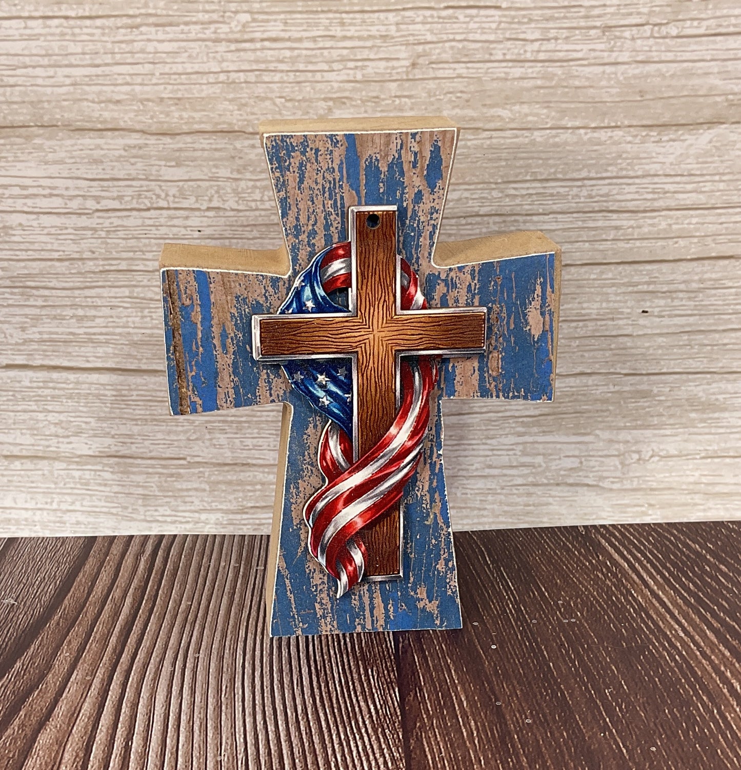 AGSD Patriotic Decor - Old Glory Draped Flag Wood Tabletop Cross | July 4th Faith