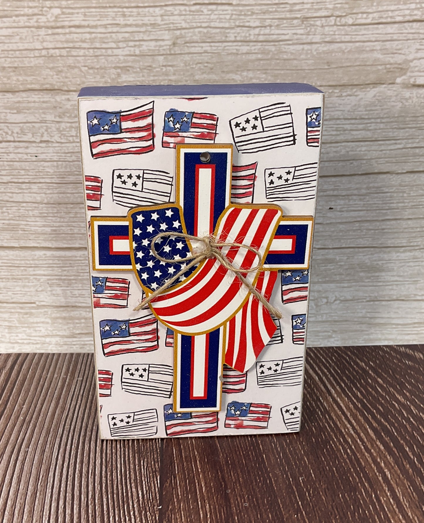 AGSD Patriotic Decor - Draped Cross Wood Block Sign | July 4th Faith & Freedom Tabletop