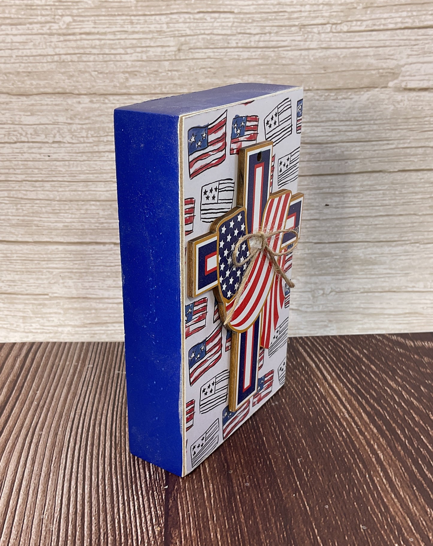 AGSD Patriotic Decor - Draped Cross Wood Block Sign | July 4th Faith & Freedom Tabletop