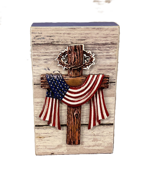 AGSD Patriotic Decor - Americana Draped Cross Wood Block Sign | Patriotic July 4th
