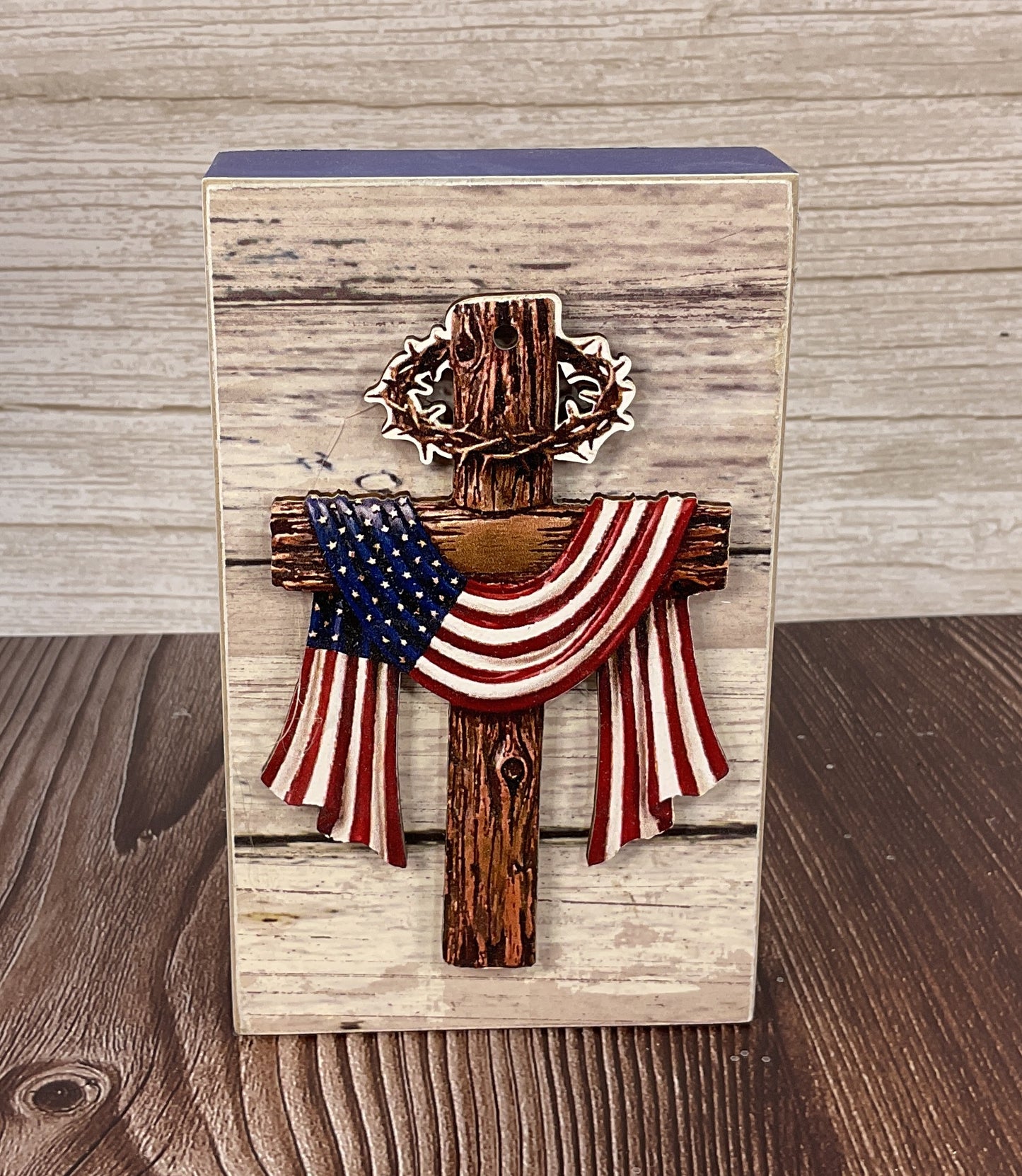 AGSD Patriotic Decor - Americana Draped Cross Wood Block Sign | Patriotic July 4th