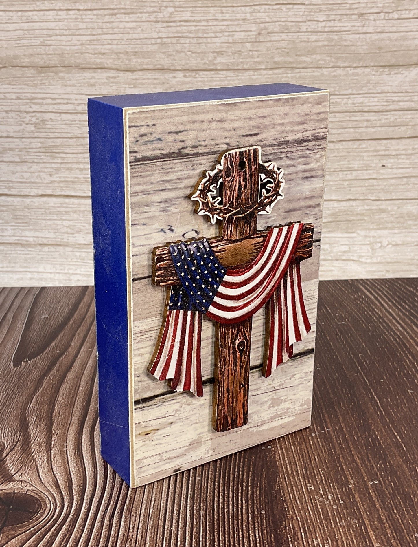 AGSD Patriotic Decor - Americana Draped Cross Wood Block Sign | Patriotic July 4th