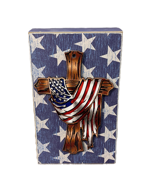 AGSD Patriotic Decor - Liberty & Light Draped Cross Wood Block Sign | July 4th Patriotic