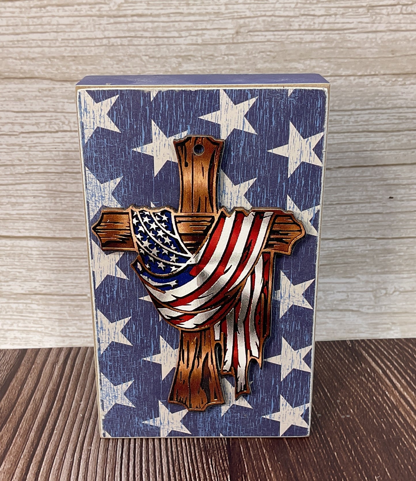 AGSD Patriotic Decor - Liberty & Light Draped Cross Wood Block Sign | July 4th Patriotic