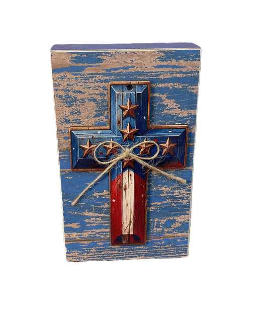 AGSD Patriotic Decor - Weathered Cross Patriotic Wood Block Sign | July 4th Tiered Tray