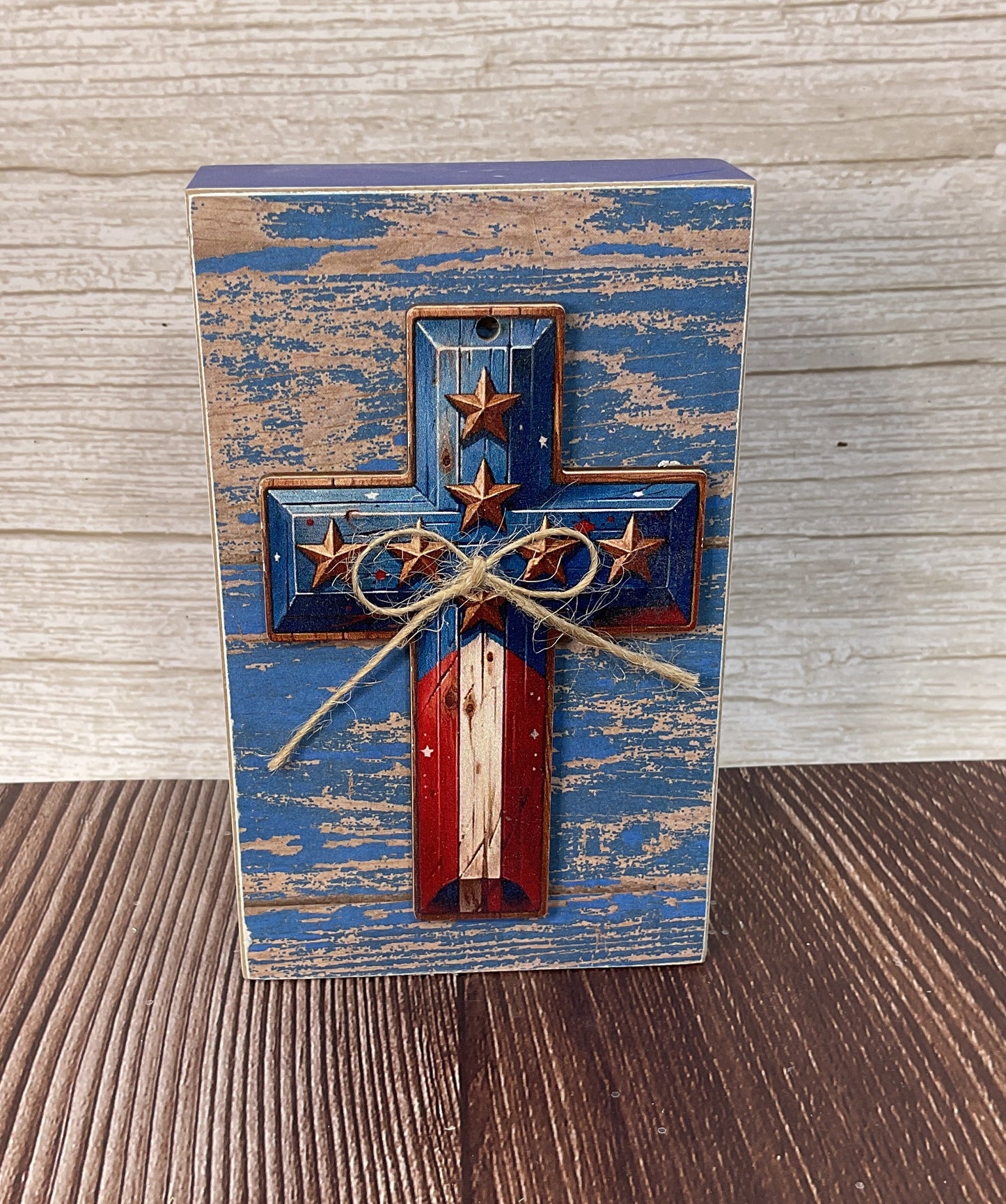 AGSD Patriotic Decor - Weathered Cross Patriotic Wood Block Sign | July 4th Tiered Tray