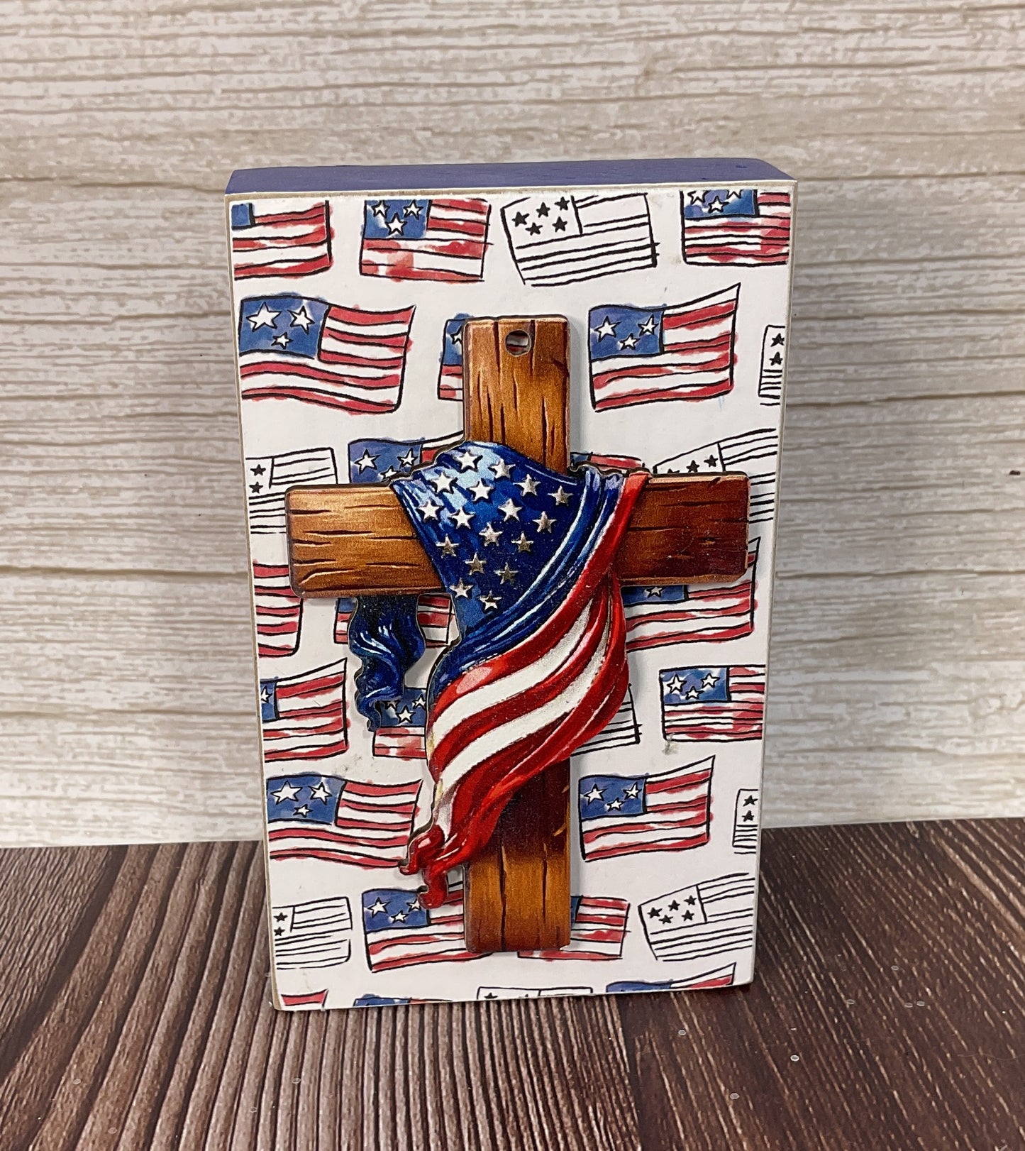 AGSD Patriotic Decor - Grace & Glory Draped Cross Wood Block Sign | July 4th Patriotic