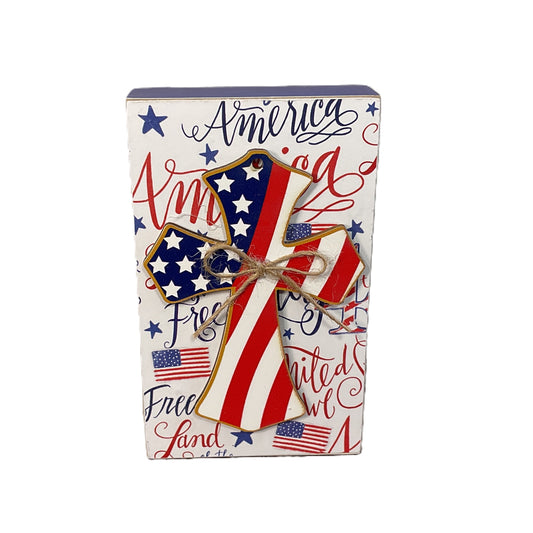 AGSD Patriotic Decor - Stars & Stripes Cross Wood Block Sign | July 4th Tabletop
