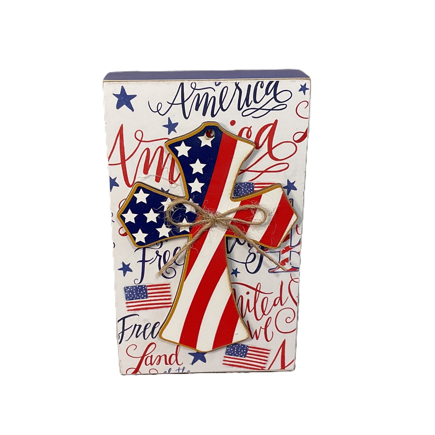 AGSD Patriotic Decor - Draped Flag Cross Patriotic Wood Block Sign | July 4th Stars & Stripes Tiered Tray