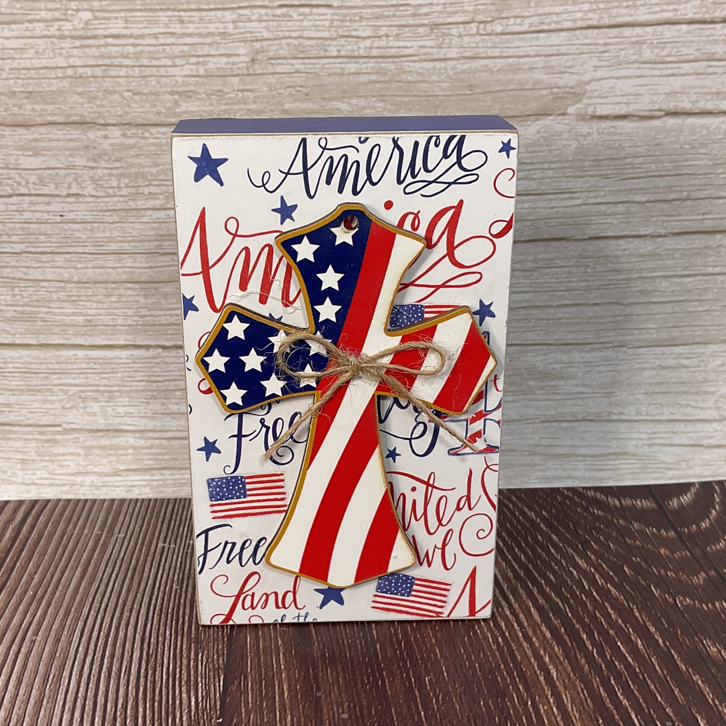 AGSD Patriotic Decor - Draped Flag Cross Patriotic Wood Block Sign | July 4th Stars & Stripes Tiered Tray