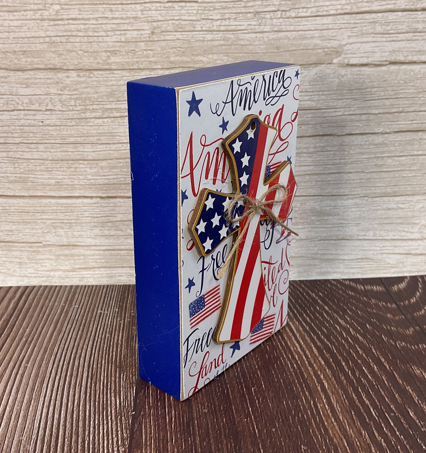 AGSD Patriotic Decor - Stars & Stripes Cross Wood Block Sign | July 4th Tabletop