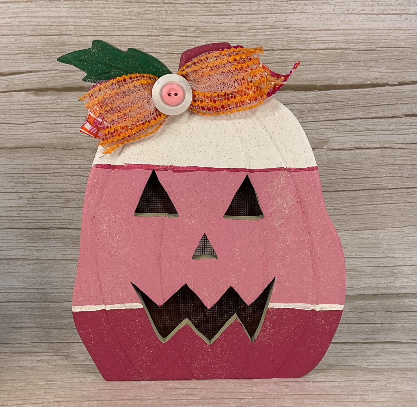 Pink Glam Chunky Wood Pumpkin Sitter | Chic Halloween Tabletop & Tiered Tray Decor