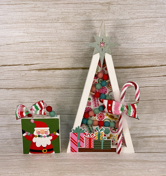 Pink Retro Beaded Christmas Tree & Santa Sign – Handcrafted Holiday Décor Set, 2 Piece