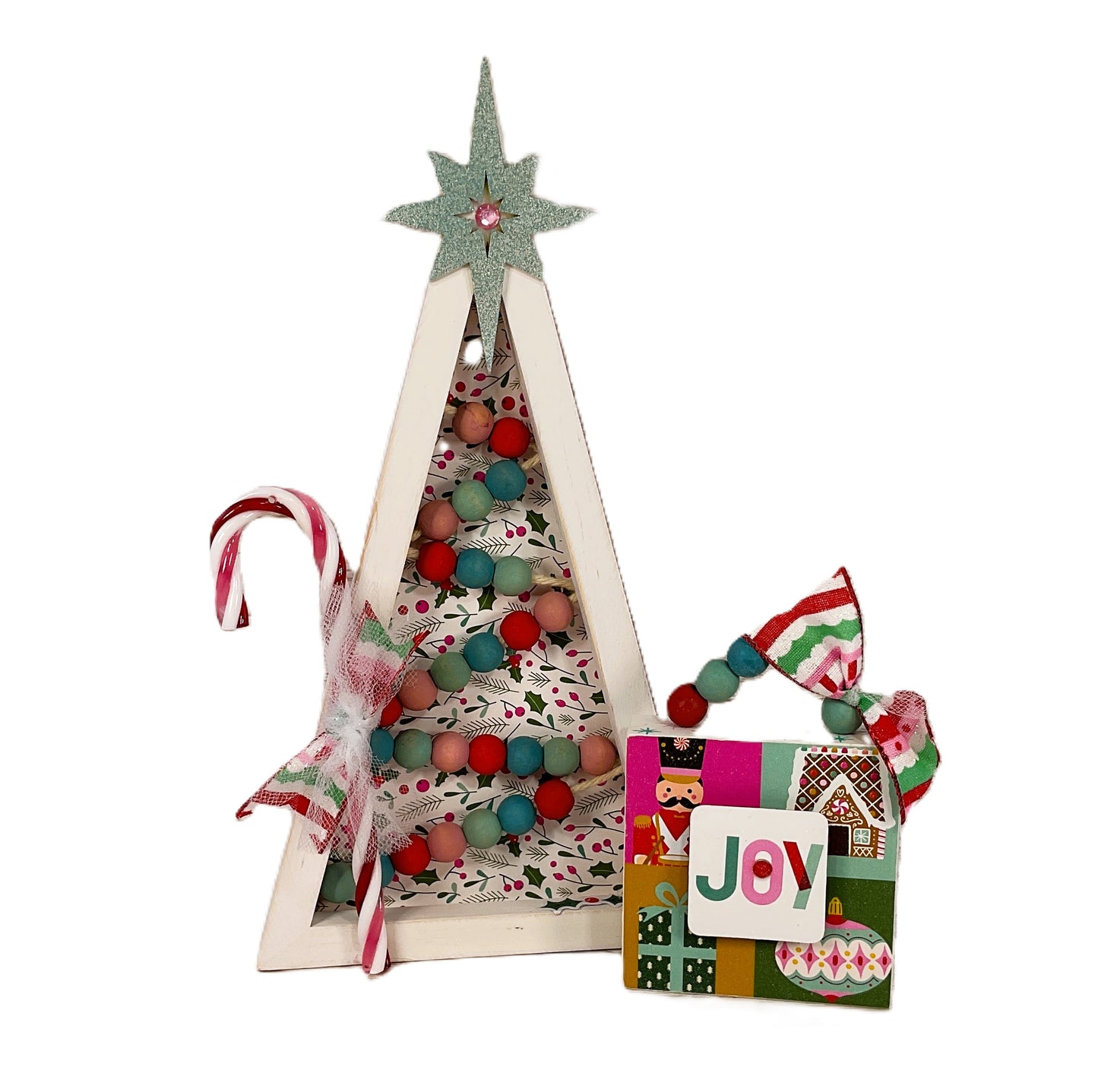 Pink Retro Beaded Wood Christmas Tree & Sign – Handcrafted Holiday Gift Set, 2 Piece