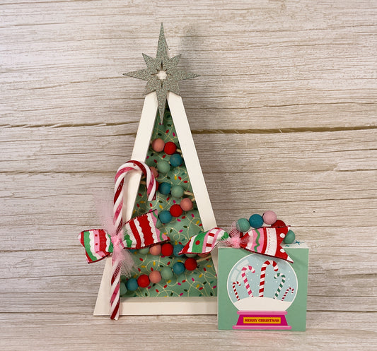 Pink Retro Beaded Wood Christmas Tree & Sign Set – 2 Piece with Sign