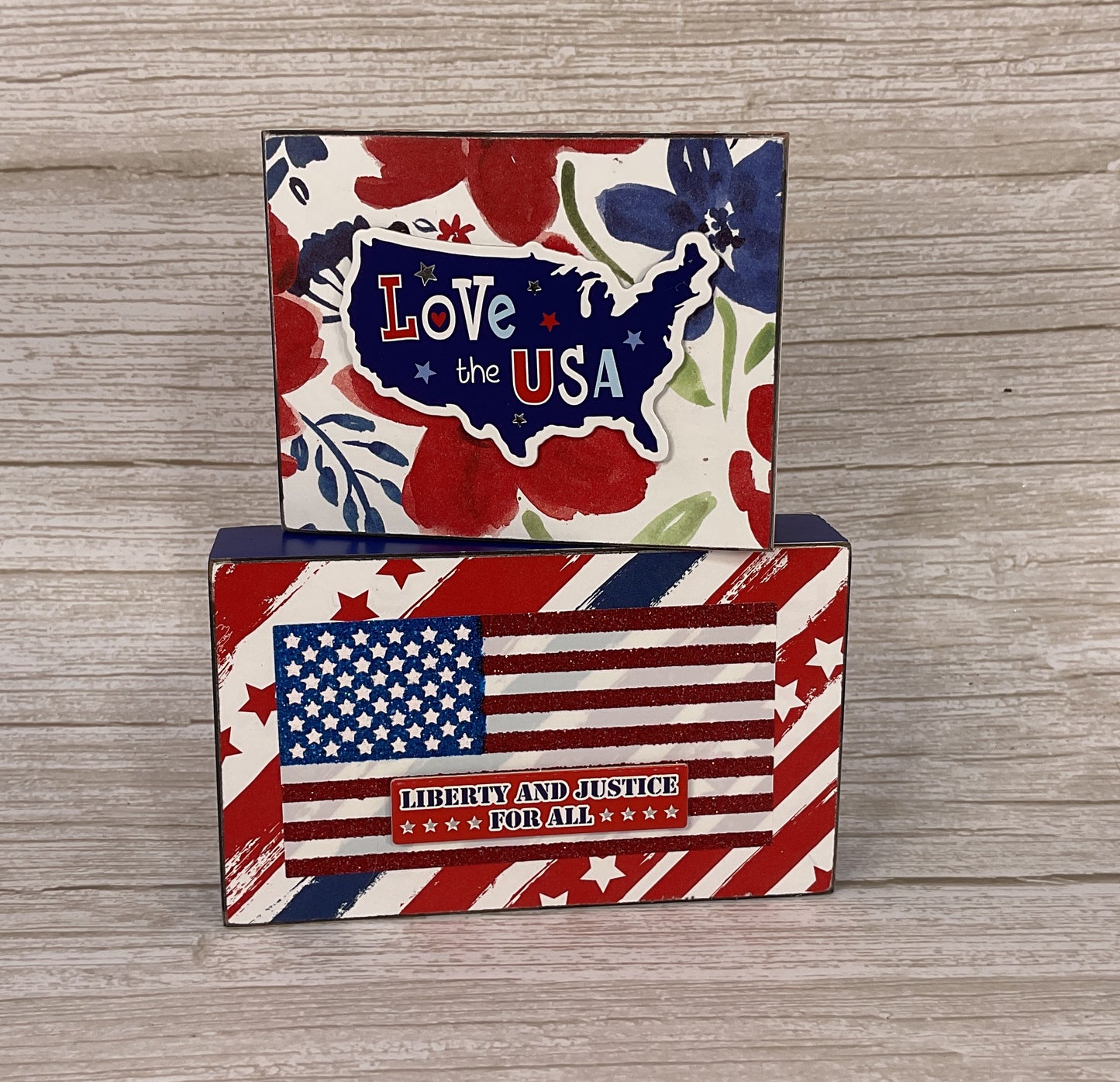 Patriotic Flag Wood Tabletop Signs Set of 2 | July 4th Tiered Tray Decor