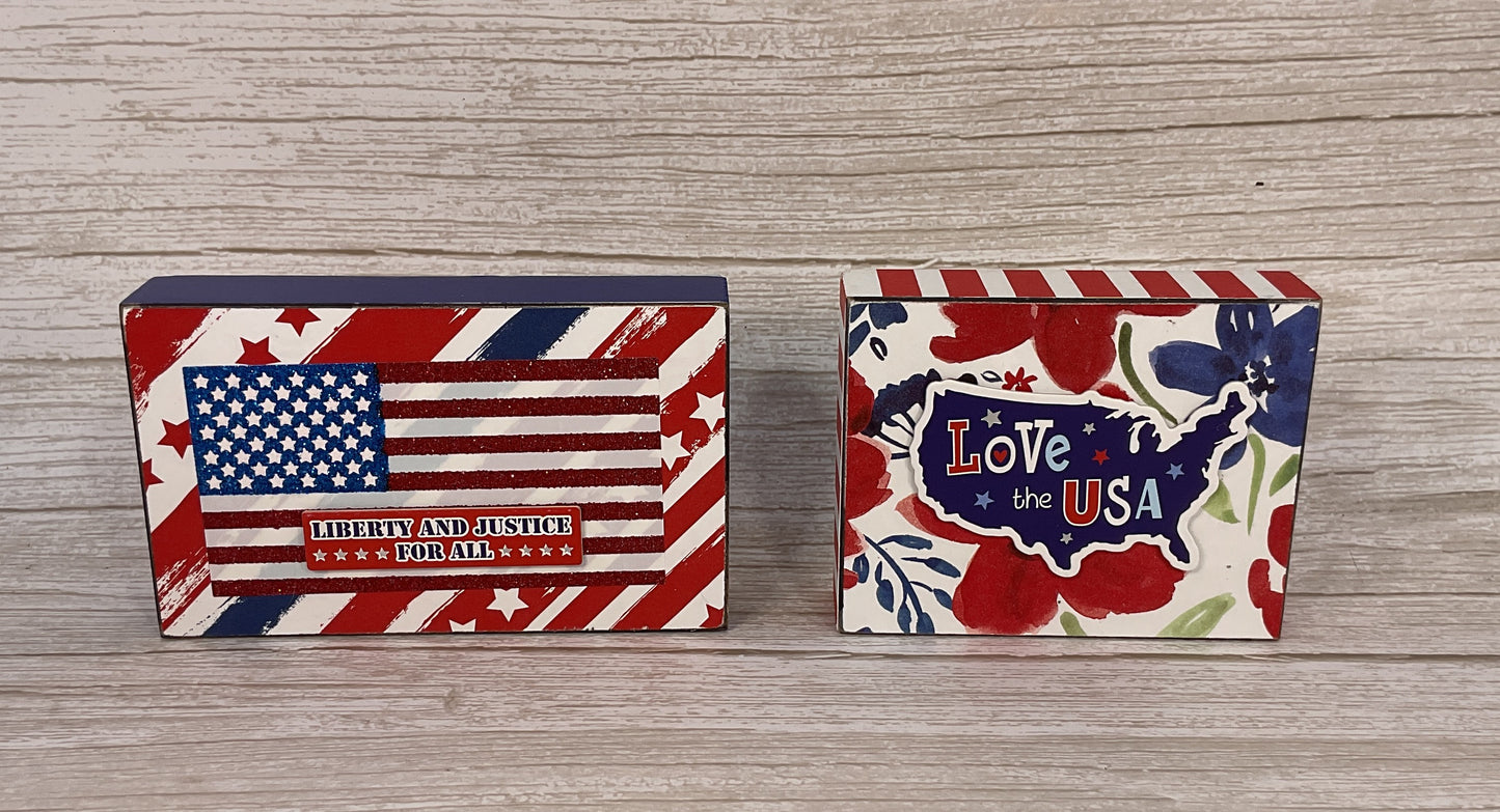 Patriotic Flag Wood Tabletop Signs Set of 2 | July 4th Tiered Tray Decor