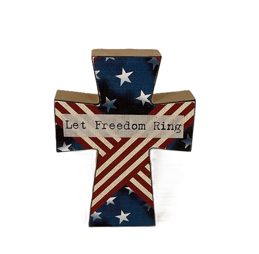 AGSD Patriotic Decor - Freedom Stars & Stripes Banner Wood Tabletop Cross | July 4th