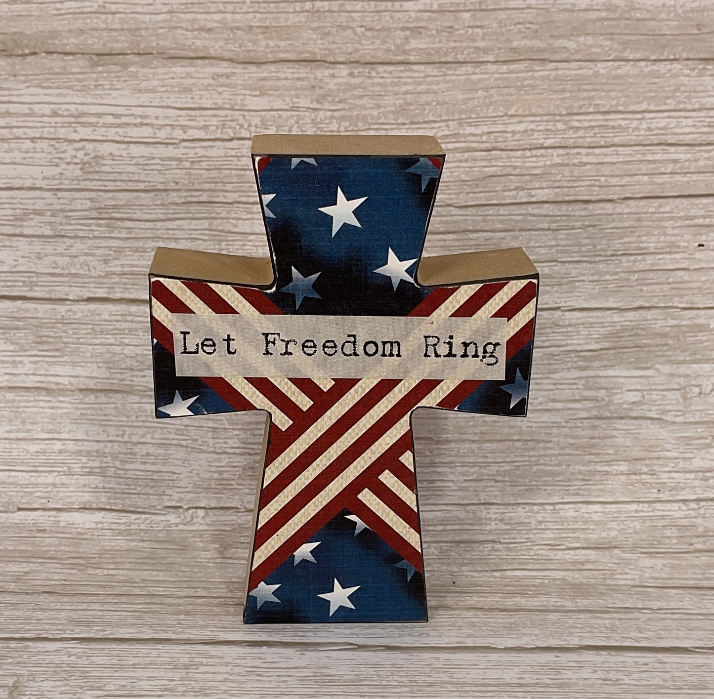 AGSD Patriotic Decor - Freedom Stars & Stripes Banner Wood Tabletop Cross | July 4th