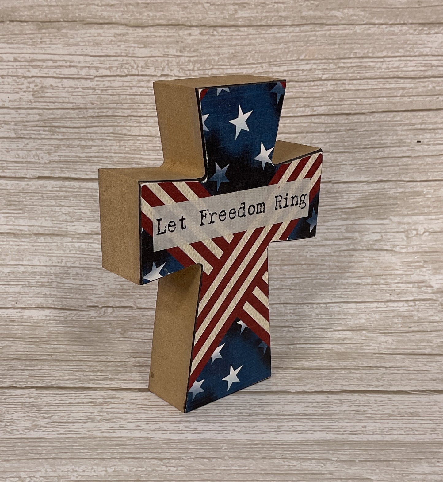 AGSD Patriotic Decor - Freedom Stars & Stripes Banner Wood Tabletop Cross | July 4th