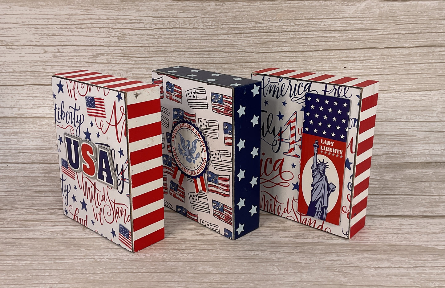 July 4th Wood Tier Tray Signs – Handcrafted Patriotic Tabletop Decor 3pc Set