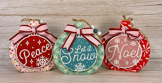 Colorful Pink Retro Chunky Wood Christmas Ornament Sitters – Set of 3