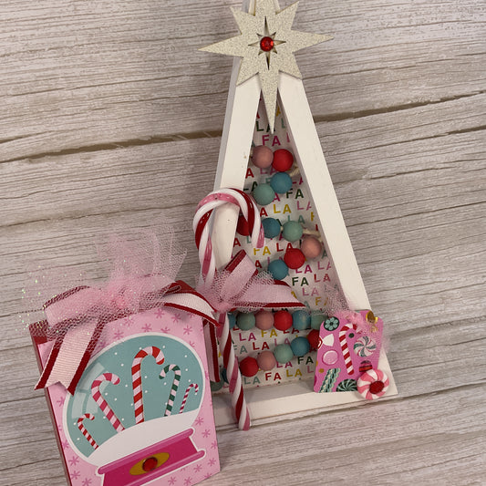 Colorful Pink Retro Beaded Wood Christmas Tree & Sign Set – 2 Piece (Style B)