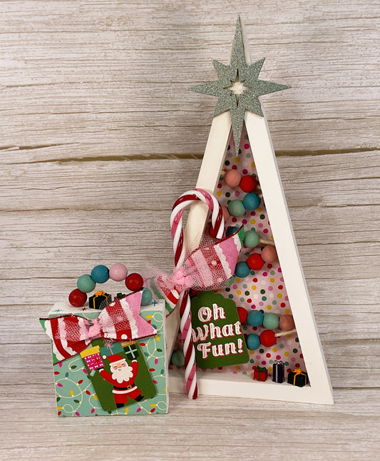 Colorful Pink Retro Beaded Wood Christmas Tree & Sign Set – 2 Piece