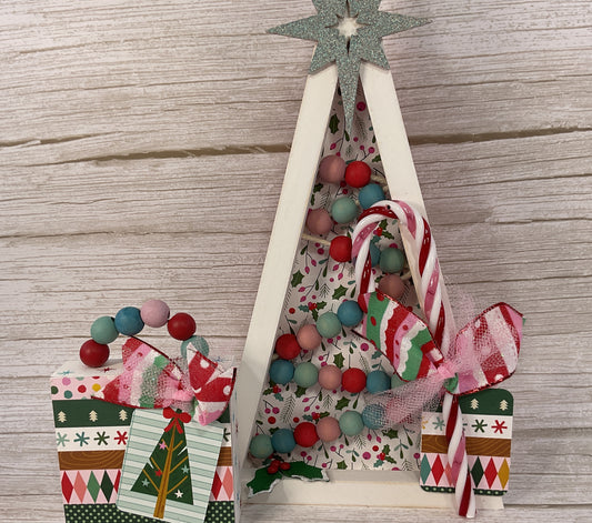 Pink Retro Beaded Wood Christmas Tree & Candy Cane Set – Handcrafted Holiday Décor, 2 Piece