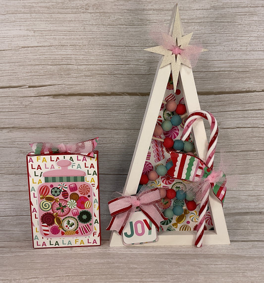 Pink Retro Beaded Wood Christmas Tree & Sign Set – Handcrafted Holiday Décor, 2 Piece