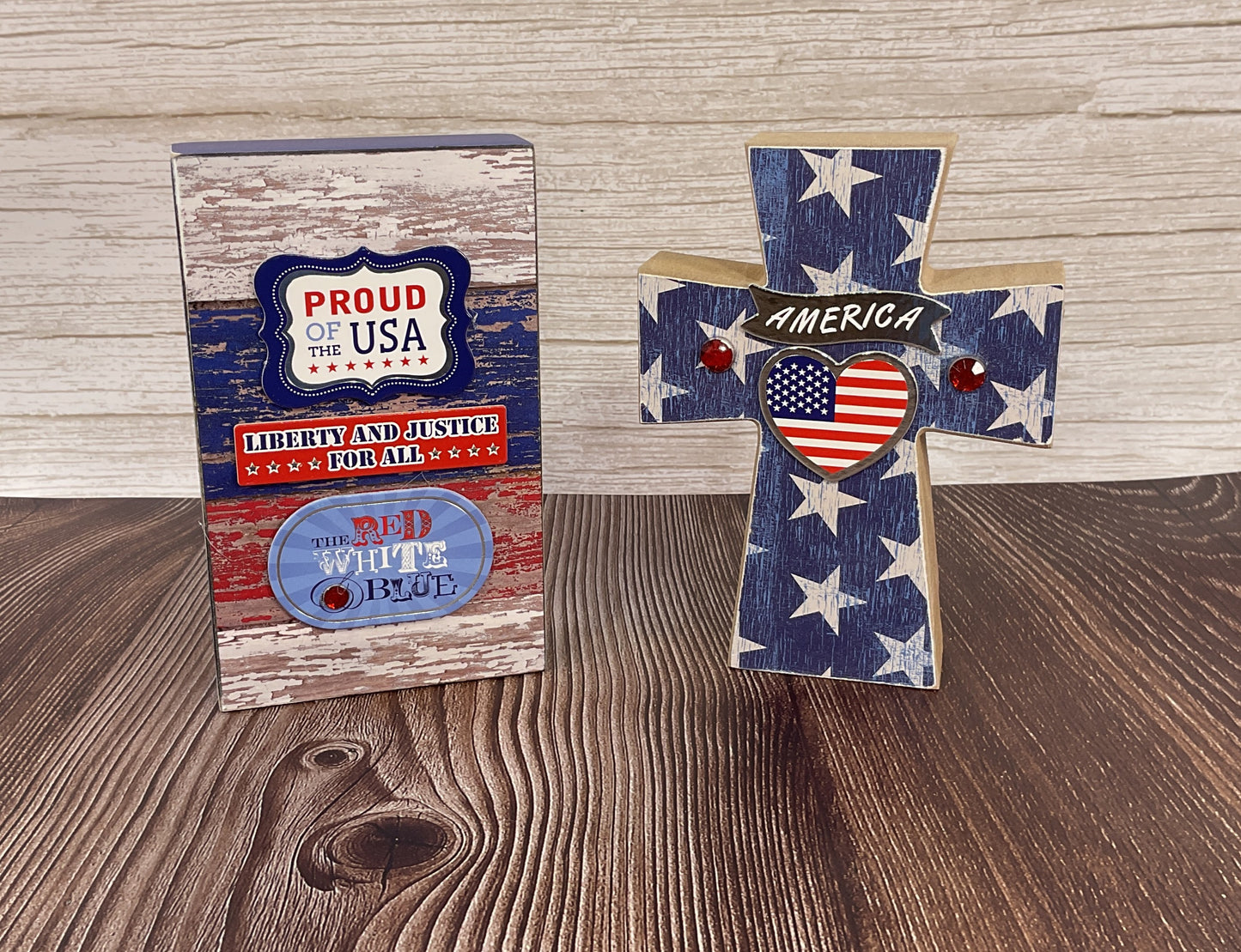AGSD Patriotic Decor - Stars & Stripes Wood Cross & Sign Set of 2 | July 4th Tiered Tray