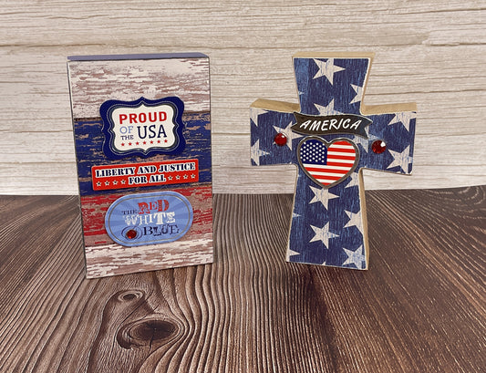 AGSD Patriotic Decor - Stars & Stripes Wood Cross & Sign Set of 2 | July 4th Tiered Tray