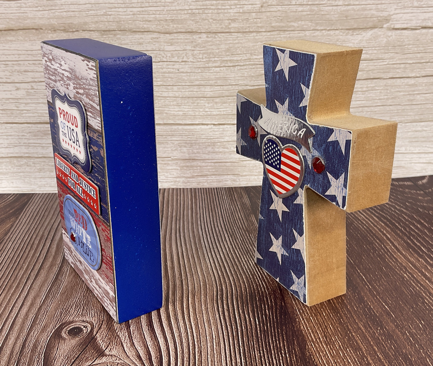 AGSD Patriotic Decor - Stars & Stripes Wood Cross & Sign Set of 2 | July 4th Tiered Tray