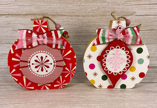 Pink Retro Chunky Wood Christmas Ornament Sitters | Set of 2 Holiday Decor