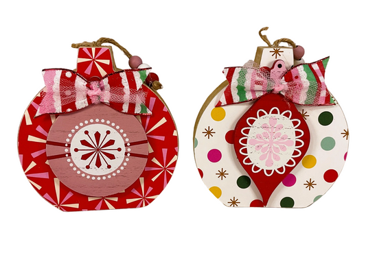 Pink Retro Chunky Wood Christmas Ornament Sitters | Set of 2 Holiday Decor