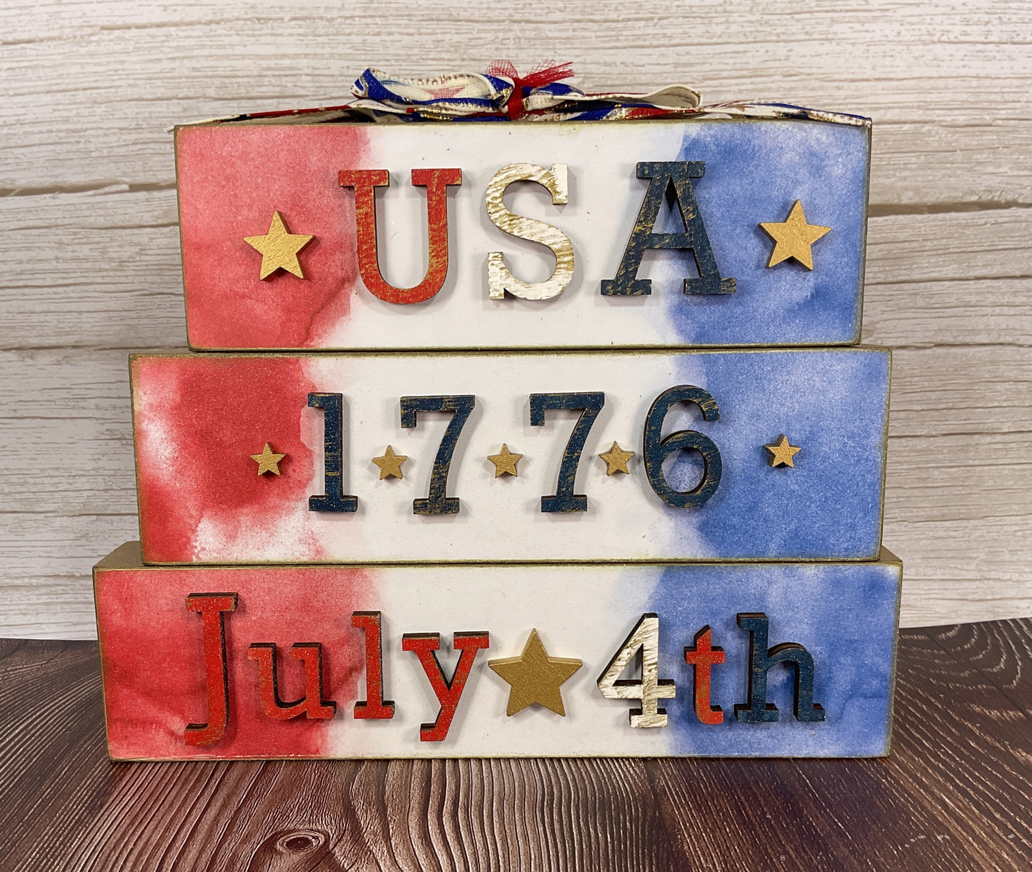 July 4th Stacking Wood Tabletop Signs – Handcrafted Patriotic Decor 3pc Set