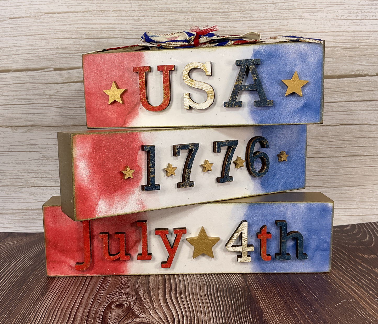 July 4th Stacking Wood Tabletop Signs – Handcrafted Patriotic Decor 3pc Set