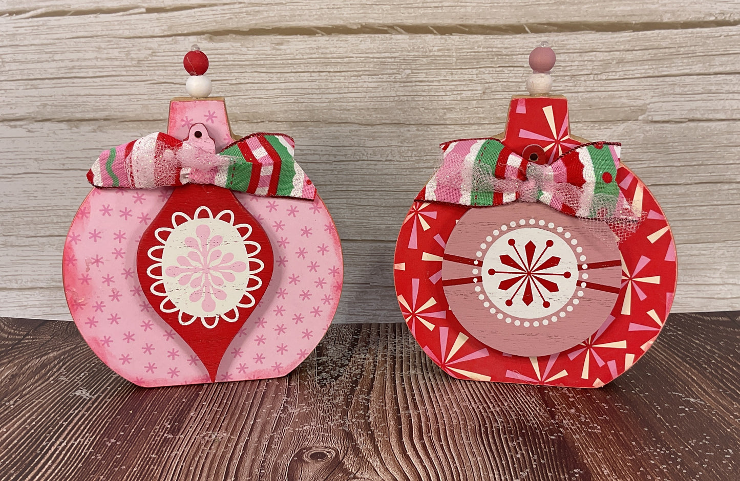 Retro Pink Chunky Wood Ornament Sitters Set of 2 | Christmas Decor | AGSD