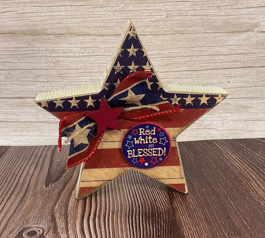 AGSD Patriotic Decor - Blessed Patriotic Wood Star | July 4th Red & White Tiered Tray Decor