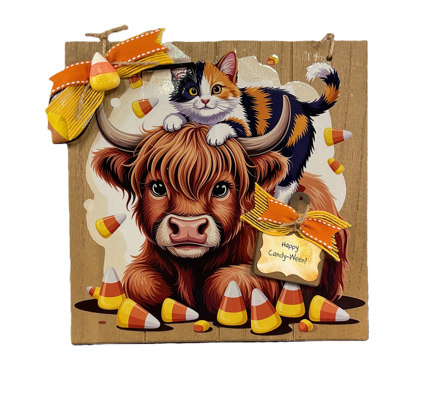 Highland Cow & Calico Cat Candy Corn Halloween Wall Sign | Whimsical Door & Wall Decor