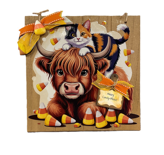 Highland Cow & Calico Cat Candy Corn Halloween Wall Sign | Whimsical Door & Wall Decor