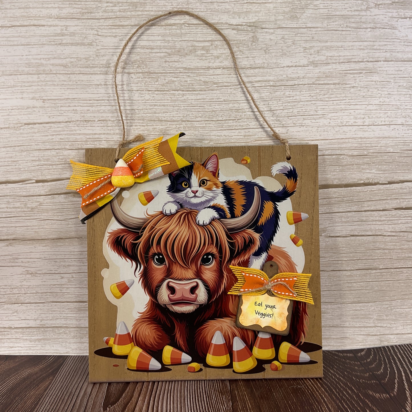 Highland Cow & Calico Cat Candy Corn Halloween Wall Sign | Whimsical Door & Wall Decor