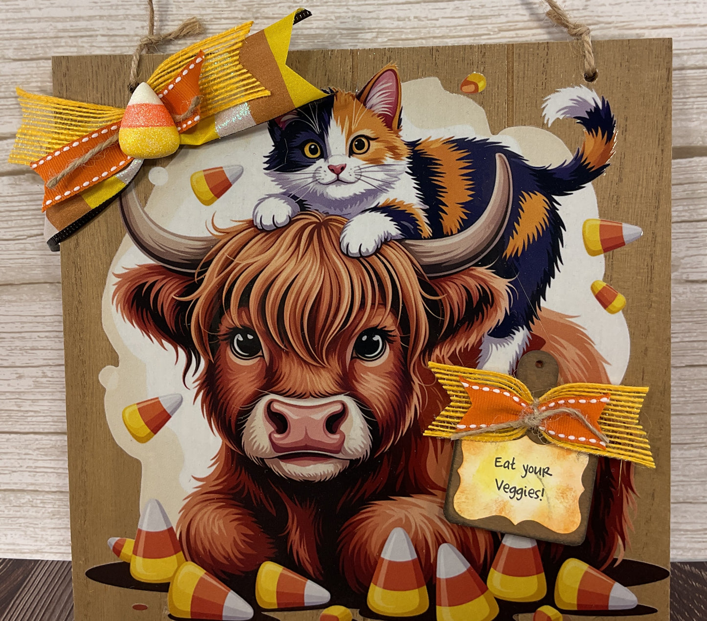 Highland Cow & Calico Cat Candy Corn Halloween Wall Sign | Whimsical Door & Wall Decor