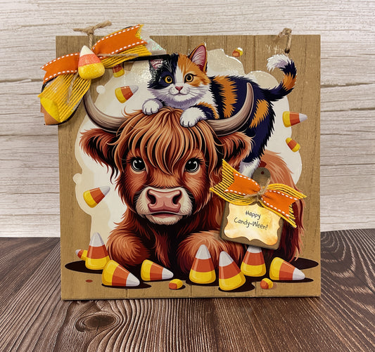 Highland Cow & Calico Cat Candy Corn Halloween Easel Sign | Whimsical Tabletop & Tiered Tray Decor