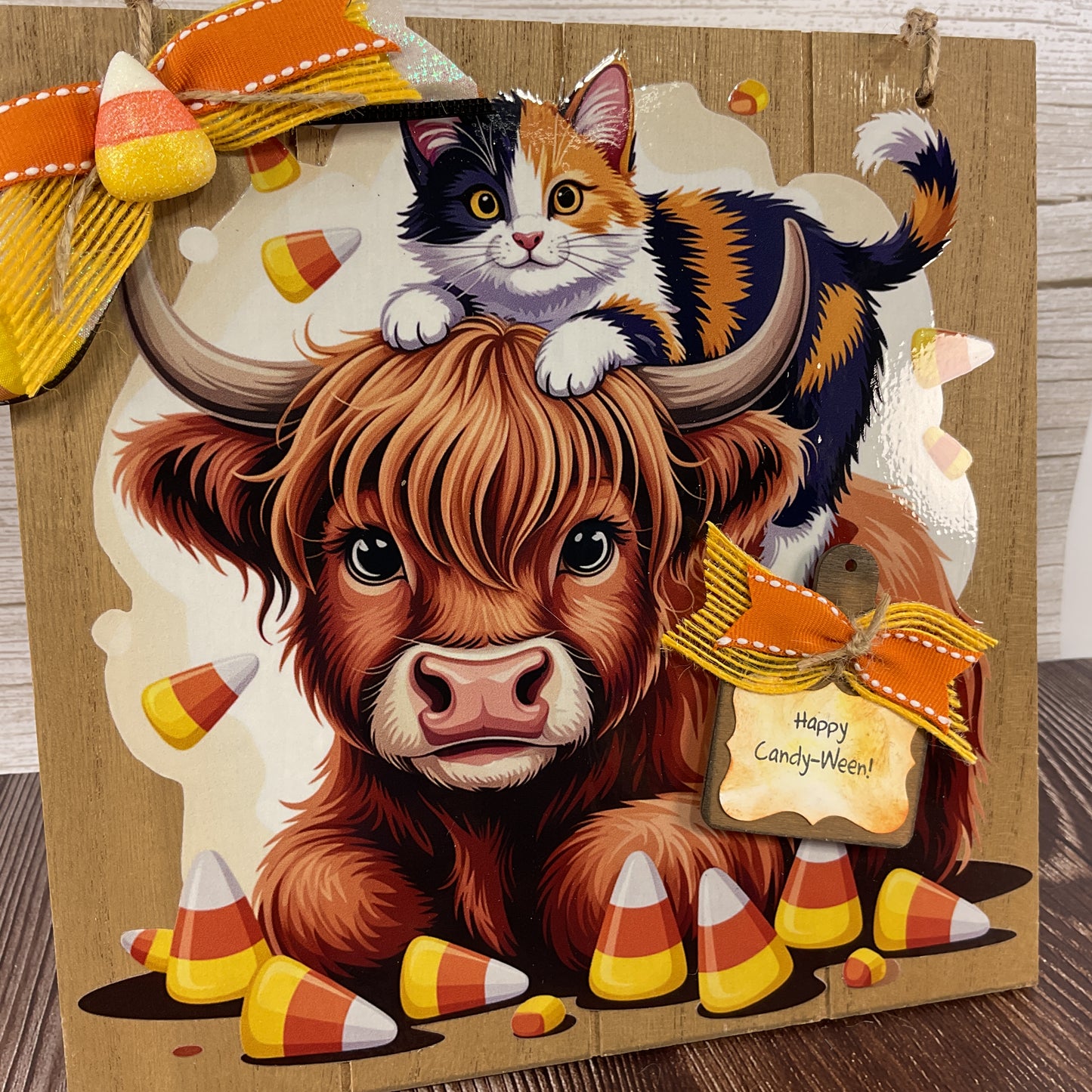 Highland Cow & Calico Cat Candy Corn Halloween Easel Sign | Whimsical Tabletop & Tiered Tray Decor