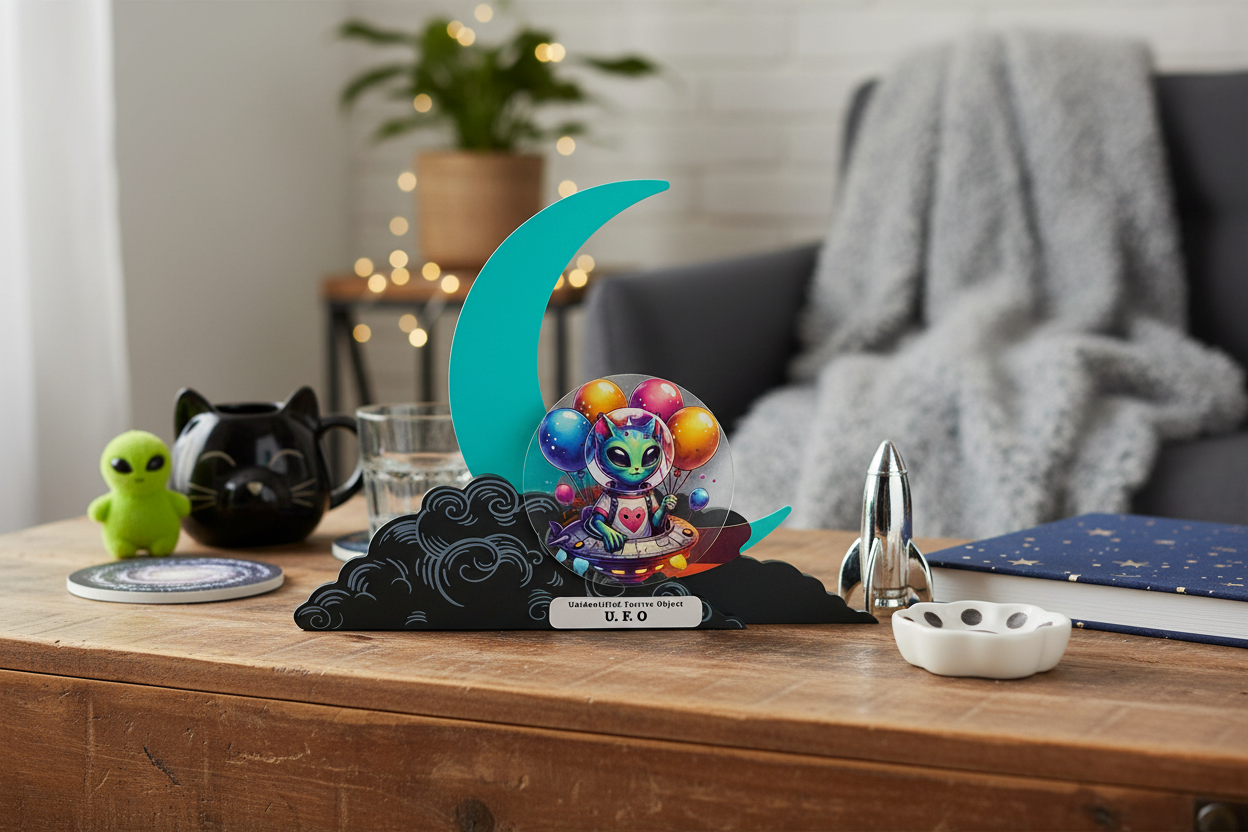 AGSD Home Decor Crescent Moon UFO Alien Cat Sitter – Novelty Acrylic